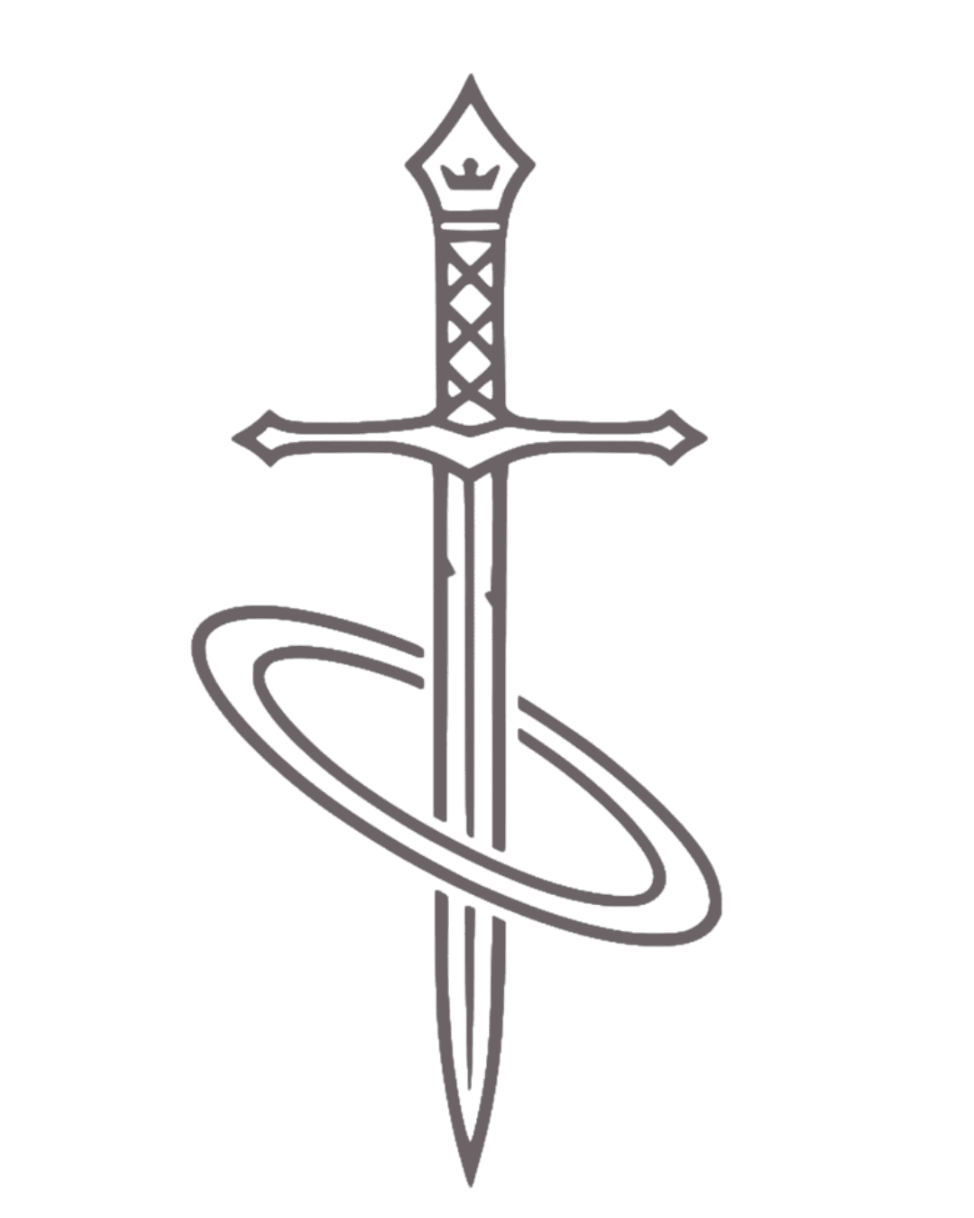 Enunas Logo: ein aufrecht stehendes Schwert mit Krone am Knauf, umkreist von einem schräg liegenden, offenen Ring